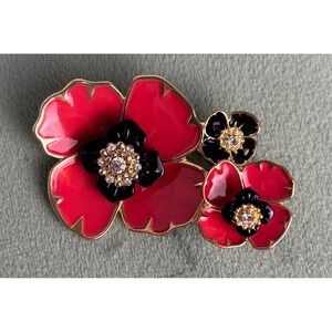 Red Black Floral Brooch Pin Gold Tone Enamel Rhinestone Accent P091